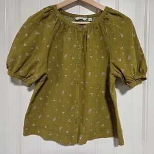 Uniqlo Linen Olive Green Floral Puff Sleeve Blouse
